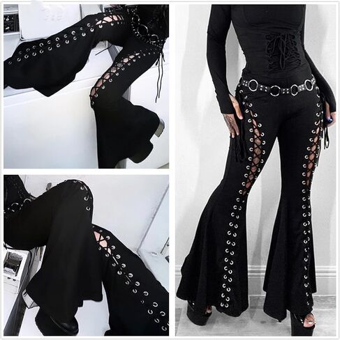 Women’s High Waist Rave Mesh Sheer Pants Flared Bell Bottom Pants for Rave Festival Dance Clubwear in Kuwait