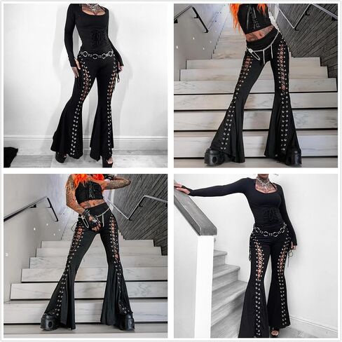Women’s High Waist Rave Mesh Sheer Pants Flared Bell Bottom Pants for Rave Festival Dance Clubwear in Kuwait