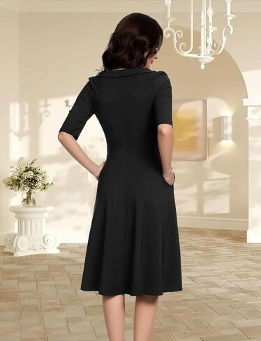 bbonlinedress المرأة خمر كوكتيل فستان رسمي الزفاف ضيف الكنيسة طويلة الأكمام بيتر بان الياقات سوينغ سوب سوينغ ميدي in Kuwait