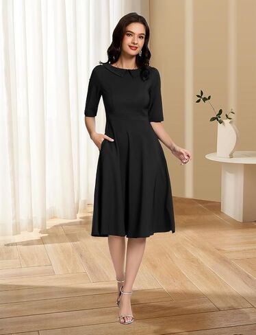 bbonlinedress المرأة خمر كوكتيل فستان رسمي الزفاف ضيف الكنيسة طويلة الأكمام بيتر بان الياقات سوينغ سوب سوينغ ميدي in Kuwait