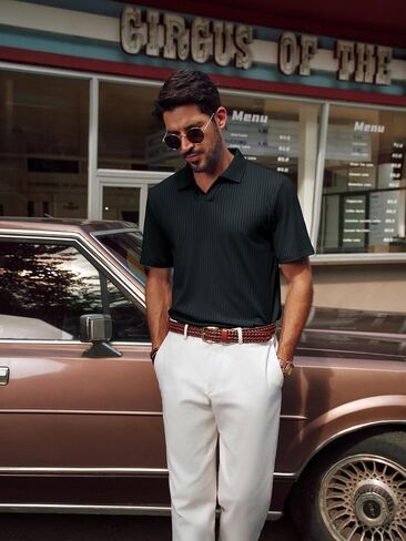 PJ PAUL JONES Mens Polo Shirts V Neck Textured Polo Shirt Quick-Dry Golf Shirts in Saudi Arabia