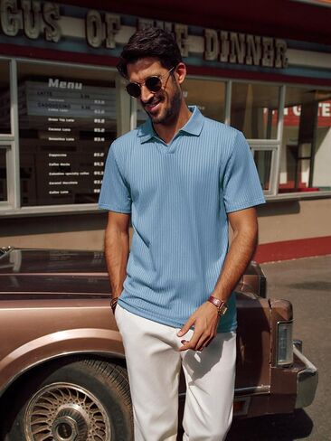 PJ PAUL JONES Mens Polo Shirts V Neck Textured Polo Shirt Quick-Dry Golf Shirts in Saudi Arabia