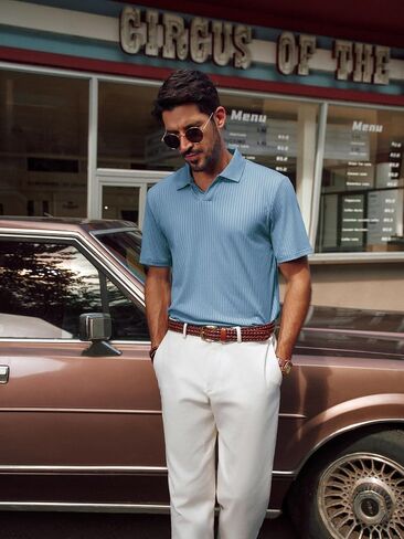 PJ PAUL JONES Mens Polo Shirts V Neck Textured Polo Shirt Quick-Dry Golf Shirts in Saudi Arabia