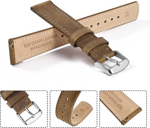 Ayadoo 18mm Top Grain Leather Watch Band， Camel Crazy Horse Leather Replacement Watch Strap with Silver Buckle， Quick Release in Saudi Arabia