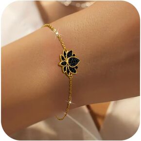 LOVECOM Dainty 14K Gold Plated Lotus Flower Bracelets for Women 925 Sterling Silver Birth Flower Black Birthstone Link Chain Bracelet Inspirational Friendship Yoga Bracelets Jewelry for Mom