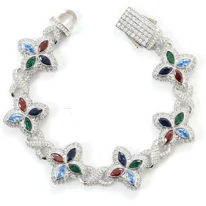 Lulu Mel Cross Infinity Charm Cuban Chain Bracelet for Men Women ، Iced Out Silver Colorful Prong Get