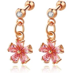 16G CZ Flower Cartilage Dangle Earrings for Women Cute Pink Flower Stainless Steel Screw Back Studs Earrings Dainty Conch Helix Tragus Piercing Jewelry