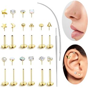 EIELO 18K Gold Filled Threadless Nose Studs Flat Back Earrings Nose Rings Hypoallergenic 316L Stainless Surgical Steel Push in Piercing Jewelry for Nose Nostril Tragus Helix 20G