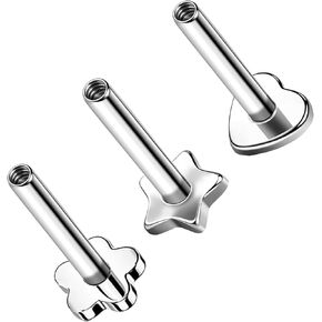 VERAMI G23 Solid Titanium 16G 6mm 8mm Replacement Bar Silver, Star Heart and Flower Design Flat Back Internal Thread Earrings Studs Cartilage Helix Piercing Jewelry for Women and Men