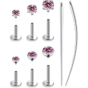20G 18G 16G Internally Threaded Astm F136 Titanium Nose Ring Studs Flat Back Studs Earrings G23 Titanium Tragus Helix Conch Cartilage Earrings Piercing Jewelry For Women Men Clear Pink CZ