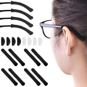 4pairs Cushion for Glasses Behind Ear, Soft Knitting Ear Pads for Glasses, Anti-Slip Elastic Comfort Eyeglasses Temple Tips Sleeve, Eyeglasses Ear Cushion with 8 Eyeglass Nose Pads, Black