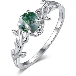 Natural Moss Agate Ring 925 Sterling Silver Leaf Ring Engagement Promise Rings for Women Jewelry Gift
