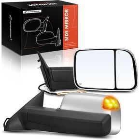 A-Premium Towing Mirrors Compatible with Ram 1500, 2500, 3500 & Dodge Ram 1500, Ram 2500, Ram 3500 - Manual Folding Heated Flip Chrome - with Power Glass Turn Signal Puddle Light - Pair Set