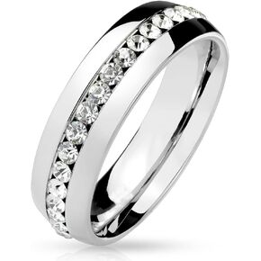 Men Women's Clear CZ All Around Eternity Ring Silver Gold Black Plated Stainless Steel Dome Ring Band