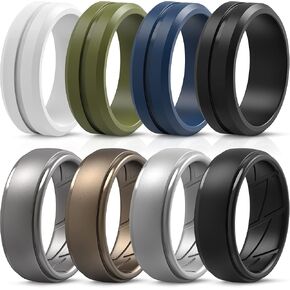 ThunderFit Silicone Wedding Rings for Men, Middle Engraved Line and Breathable Step Edge 8 Mixed Rubber Engagement Bands