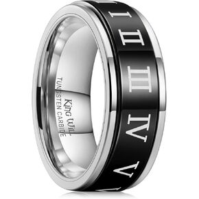 King Will 8mm Silver Black Mens Wedding Ring Tungsten Carbide Ring for Men Roman Numerals Engraved High Polished Surface Wedding Band Step Edge Comfort Fit Size 7-14