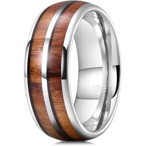 THREE KEYS JEWELRY 6mm 8mm Wood Tungsten Wedding Ring for Women Men Koa Wood Inlay Silver Plated High Polished Band Rings