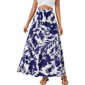 Vrtige Women's Casual Floral Print Elastic High Waist Flare Beach A Line Long Maxi Skirt