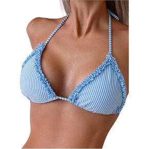 Verdusa Women's Striped Print Ruffle Trim Bikini Top Y2k Halter Triangle Backless Swimsuit Tops