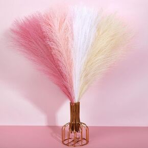 60 Pcs Pink Faux Pampas Grass, 17.7 Inch Fluffy Artificial Colored Pompas Grass Fake Short Pompous Blush White Boho Vase Filler Bulrush Flower Arrangement for Home Wedding Party Room Decorations