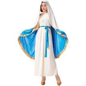 Virgin Mary Costume for Women, Adult Biblical Dress with Cape, Renaissance Religious Robe Outfit for Church Cosplay
