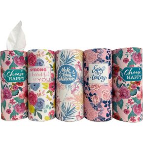 5PK Car tissues holder (4PK + 1Lucky color PK),Car Tissues Cylinder,3-ply Car tissue with Cute Flowers and Positive Proverbs, suitable for car cup holder and passenger door.Travel size,easy to carry
