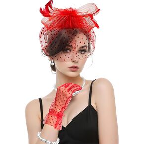 حمراء رائعة للنساء شاي حفلة جنازة القبعة قبعة حبوب منع الحمل كوكتيل الزفاف ودانتيل قفازات 20s 50s