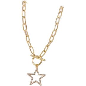 tenghong2021 Star Necklace for Women Rhinestone Heart Pendant Choker Necklaces Toggle Clasp Paperclip Chain Necklaces for Women Party Gifts Jewelry