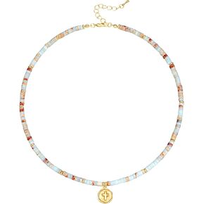 Natural Gemstone Necklaces for Women Agalmatolite Choker Handmade Cross Necklace Pagodite Boho Beaded Jewelry Faith Gifts