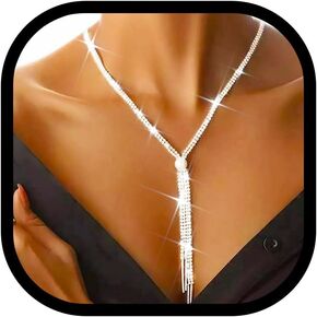 Zoestar Rhinestone Necklace Jewelry Silver Long Necklaces Prom Dressy Neck Chain for Women