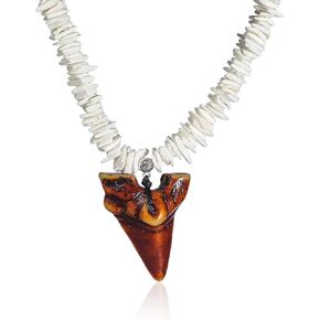 COLORFUL BLING White Puka Shell Shark Tooth Adjustable Chain Necklace Hawaiian Seashell for Women Men Beach Necklaces Clam Chips Surfer Conch Handmade Bohemian Summer Imitation Cool Fossil Shark