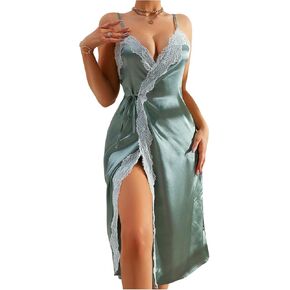 Oyoangle Women's Lace Lace Trim Satin Lightgowns Side V v Dibi Slip Dlies ملابس نوم