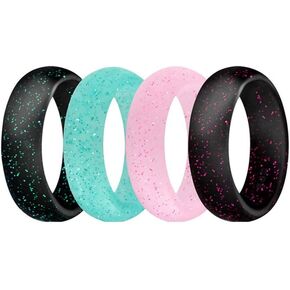 HSQYJ 4 Pack Silicone Wedding Rings for Women Men Comfortable Rubber Band Waterproof Rings for Sport Comfortable fit Skin Safe Glitters Black Blue Pink 5.7MM Width