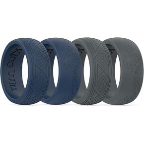 King Will Silicone Mens Ring - Breathable Wedding Bands for Men 8mm Wide Rubber Engagement Band, Geometry/Waves with Design, Comfort Fit Ring- 1/4/6 Variety Multipack Silver/Dark Blue/Grey Size 8-14