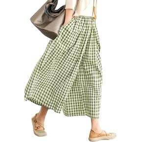 Lomon Womens Wide Leg Capri Pants Cotton Gingham Plaid Culottes Summer Summer Leastic Palazzo Breaters مع جيوب