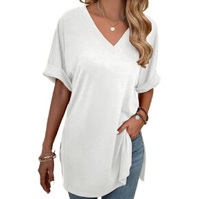Remidoo Women's Side Slit Rolled Short Sleeve Tee V Neck Loose Fit Tunic T Shirt Top