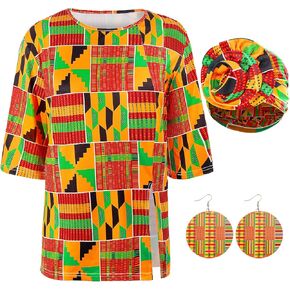 Women African Print Shirts 3/4 Sleeve Dashiki Henley Loose Tops Boho Casual Fit Crew Neck Traditional T Shirt
