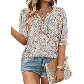 ONLYSHE Women's 3/4 Length Shirts Summer Floral Tunic Tops V Neck Shirts Loose Fit Henly Blouse for Leggings