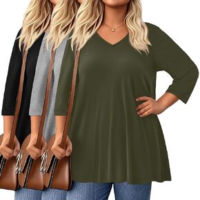 3 Pack Women's Plus Size Tops 3/4 Length Sleeve Cotton Tunic Shirts V Neck Loose Flowy Swing Casual Shirts