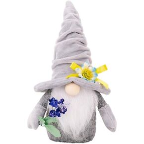 Spring Summmer Gnomes Decor Figurine Plush Decoration for Home Kitchen Tabletop Tiered Tray, Grey Hat Holding Lavender Doll, 10'' H, Unique Gift for Women, Wife, Mom, Grandny