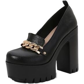 Women's Leather Metal Chain Chunky High Heel Loafers Retro Round Toe Platform Block Heel Lug Sole Non-Slip Comfortable Party Evening Dress Pumps for Y2K Goth Punk