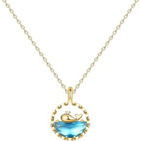18K Gold Plated Cute Animal Whale Necklace with Blue Zirconia Ocean Necklace 16"+2" Chain Gift for Women Choker