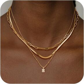 Gold Layered Necklaces for Women, Herringbone Snake Paperclip 14K Gold Plated Chain Choker Necklace Stack Dainty Cute Simple CZ/Pearl/Cross Pendant Necklace Set for Women Trendy Jewelry Gifts