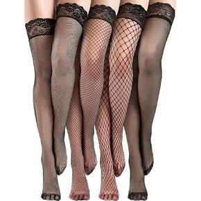 Bencailor 4 Pairs Fishnet Thigh High Stocking for Women Silicone Lace Top Sheer Over Knee High Silky Stockings