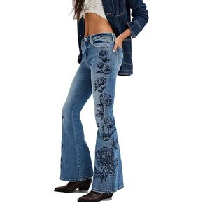 D-Sun Women Embroidered Flare Jeans Casual Mid Rise Vintage Inspired Fashion Denim Jeans Pants with Pockets