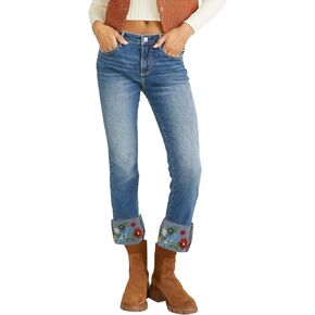 Embroidered Jeans for Women Floral Crop Straight Leg Cuffed Stretch Jeans Mid Rise Skinny Denim Pants