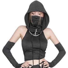 Women's Sleeveless Backless Hooded Crop Top Y2k Streetwear Rave Vest