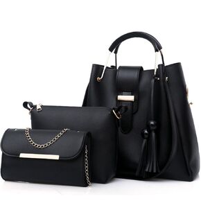 Womens Ladies Purse and Handbags 3 Pcs Bag Set PU Leather Tassel Totes Clutch Satchels Top Handle Shoulder Crossbody Bags Pack Black