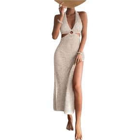 Oyoangle Women's Crochet Halter بلا أكمام بيكيني فساتين V رقبة تقسيم التستر فوق فستان طويل