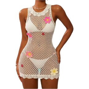 Women's 3D Floral Crochet Cover Up Dress Lace See Through Mini Tank Dresses Swimwear